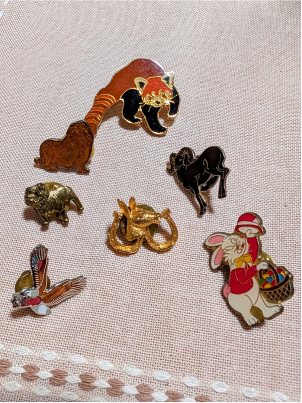 Vintage Animal Pin Lot 7 Enamel Lapel Pins Dog Bunny Red Panda Ram Bird Donkey